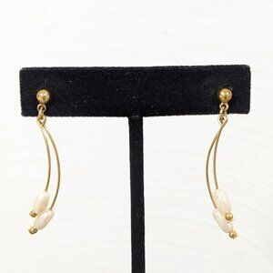 Vintage Gold Tone‎ Faux Pearl Curved Bar Dangle Earrings